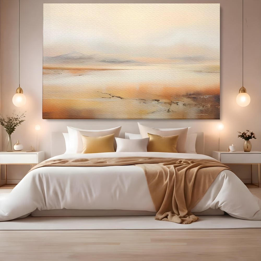 Tablou canvas cu pictura peisaj abstract cu dealuri, fara rama, pe sasiu de lemn, pe perete intr-un dormitor